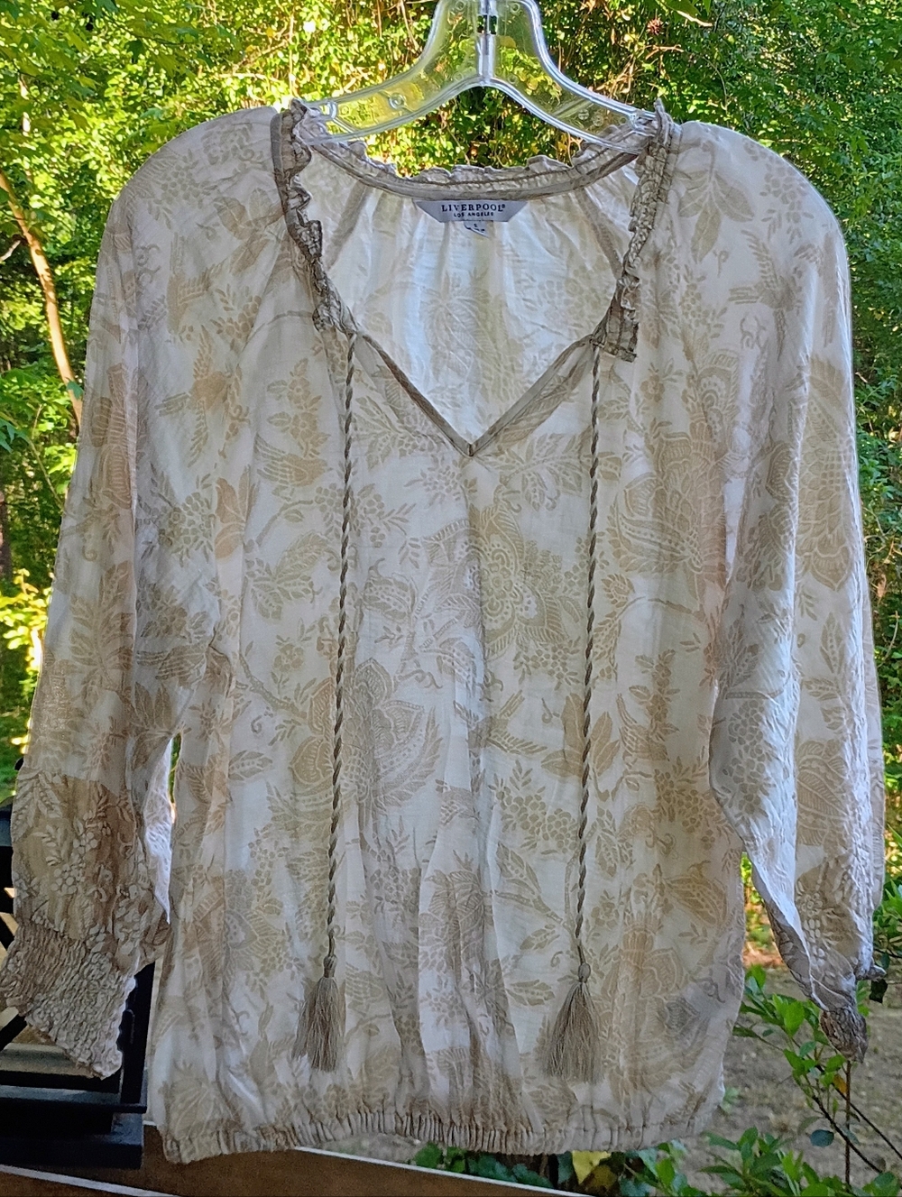 Liverpool Tan White Floral Leaf Print 3/4 Sleeve Peasant Boho Top Size Small